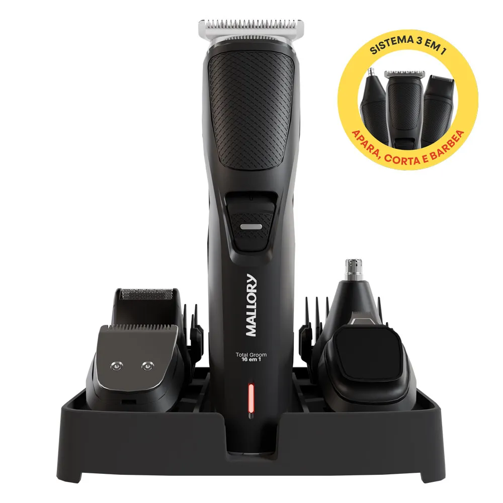 Aparador de Pelos Total Groom – 16 em 1, Multifuncional, Lâminas em Aço Cromo, Base Suporte e USB – Bivolt